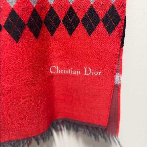Christian Dior Wool Red Checkered Scarf with “Christian Dior” Script - Picture 5 of 7